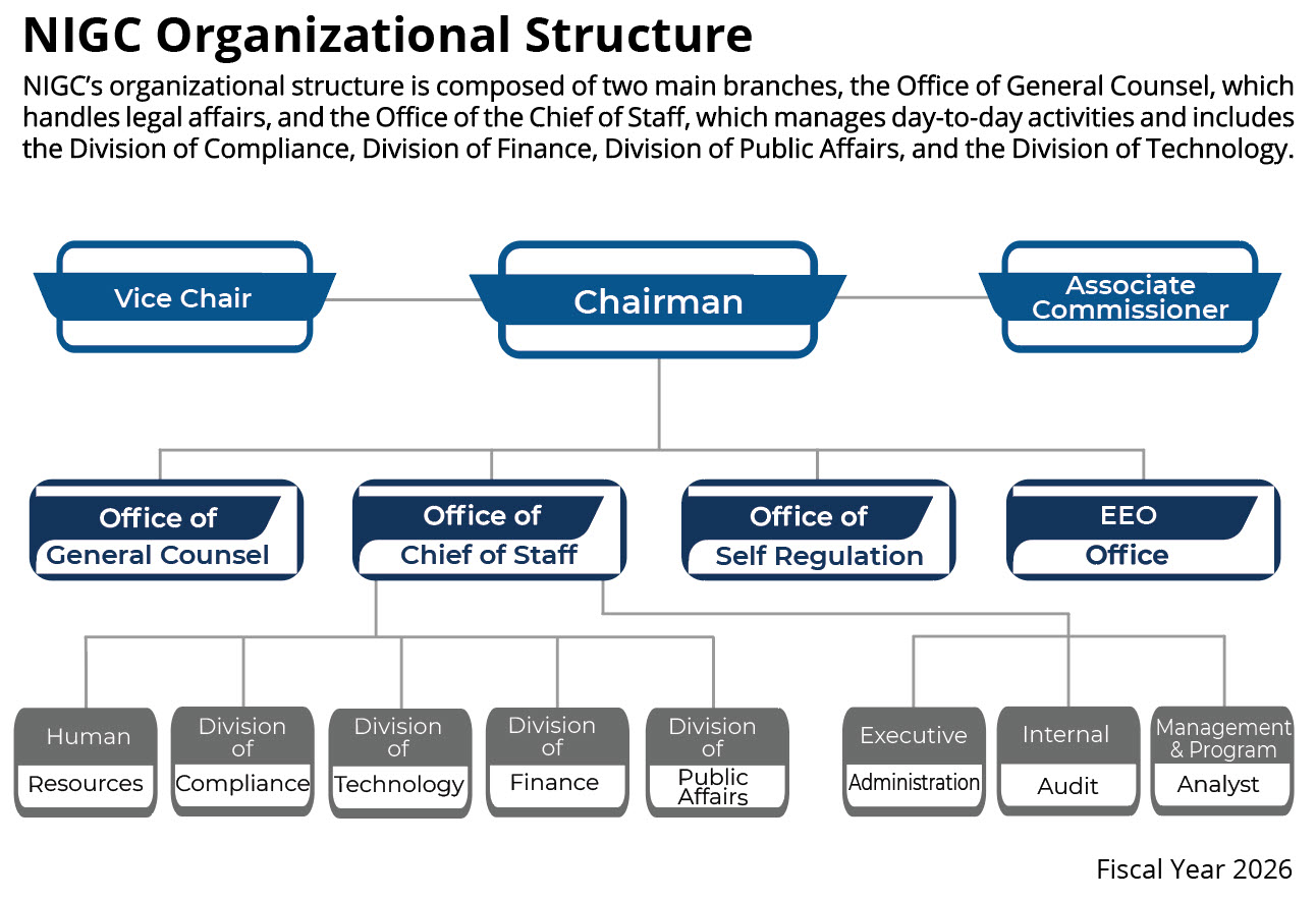 Organizational chart showing reporting structure from the Chairman, Vice Chair, Associate Commissioner at the top to General Counsel and Chief of Staff and department managers and staff below.
