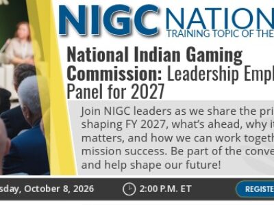 Promotional graphic for NIGC’s National Training Topic of the Month, featuring a leadership panel for 2027. The graphic announces a discussion of FY 2027 priorities, what’s ahead, and how to work together for mission success. The event is Thursday, October 8, 2026, at 2:00 p.m. ET, with a “Register Here” button.